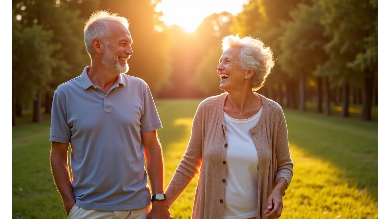 Senior couple laughing and walking together in a vibrant park, symbolizing vitality and joy in healthy aging.