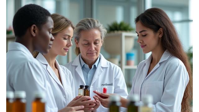 Team of wellness experts meticulously inspecting and comparing health products in a bright, modern lab setting.